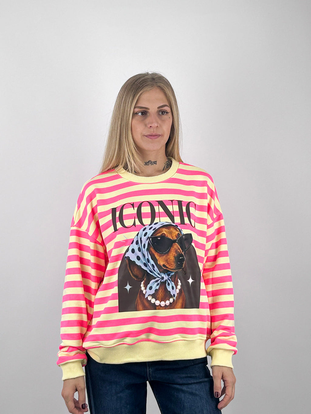 Felpa Iconic donna a righe con stampa bassotto Giallo - vista frontale