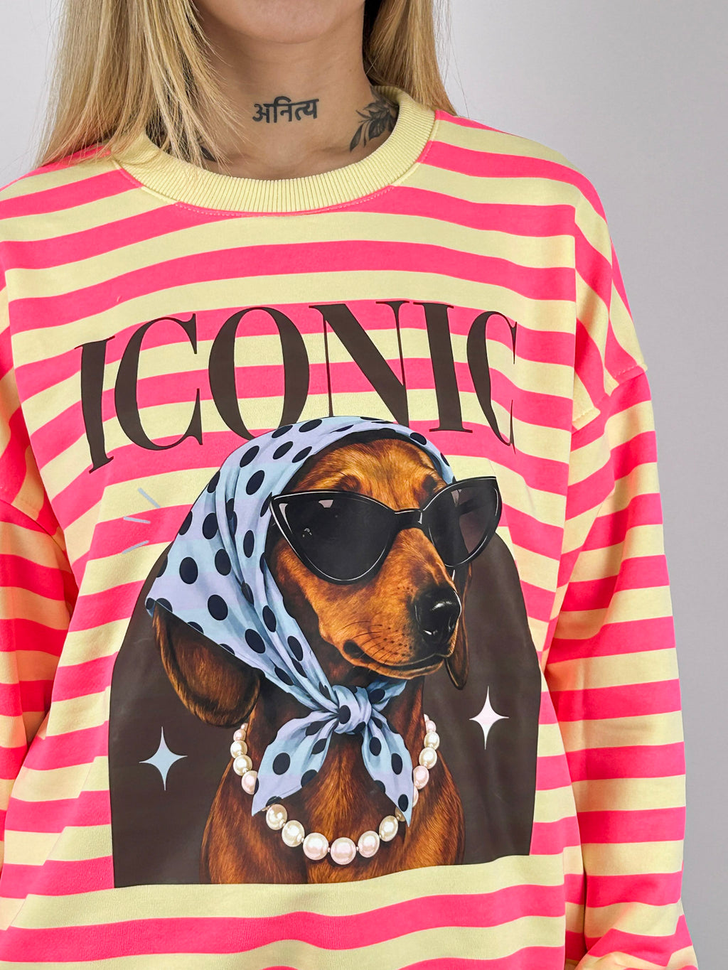 Felpa Iconic donna a righe con stampa bassotto Giallo - vista dettaglio