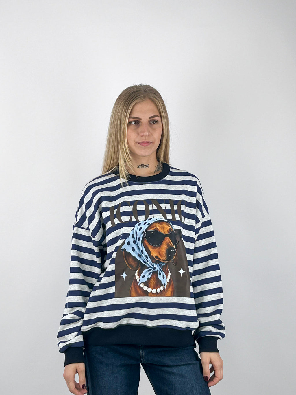 Felpa Iconic donna a righe con stampa bassotto blu - vista frontale