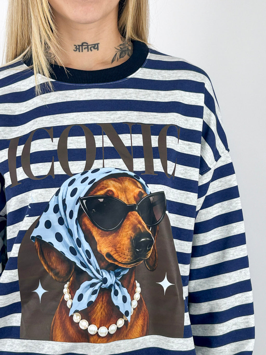 Felpa Iconic donna a righe con stampa bassotto blu - vista dettaglio