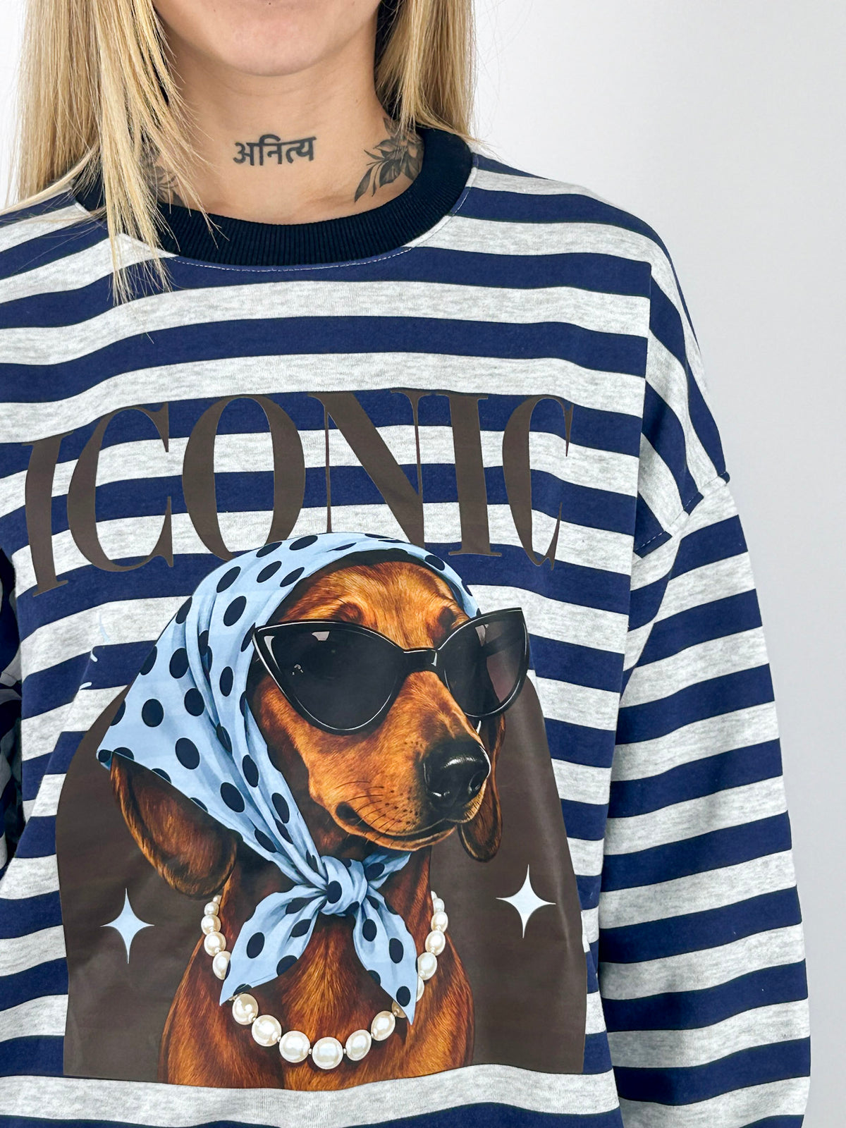 Felpa Iconic donna a righe con stampa bassotto blu - vista dettaglio
