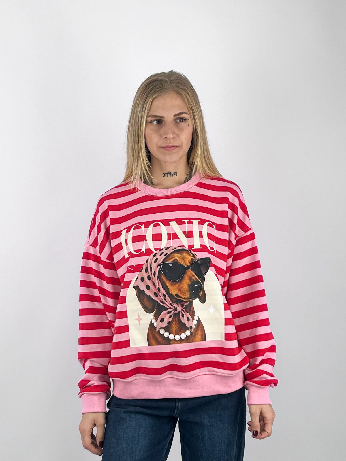 Felpa Iconic donna a righe con stampa bassotto rosa - vista frontale