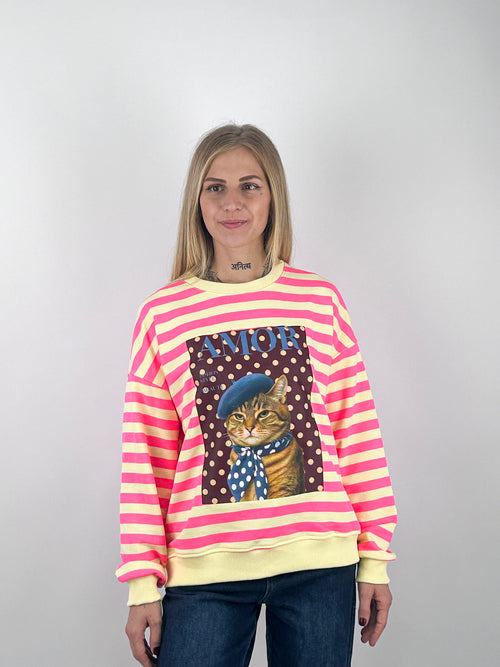Felpa Amour donna a righe con stampa gatto Giallo - vista frontale