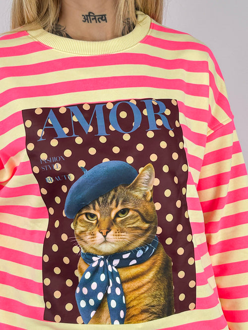 Felpa Amour donna a righe con stampa gatto Giallo - vista dettaglio