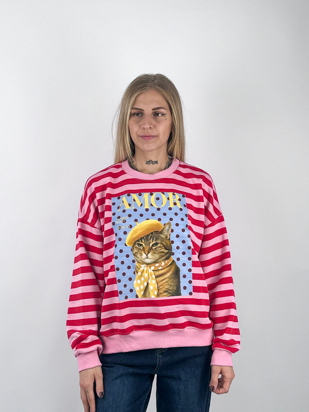 Felpa Amour donna a righe con stampa gatto Rooso - vista frontale