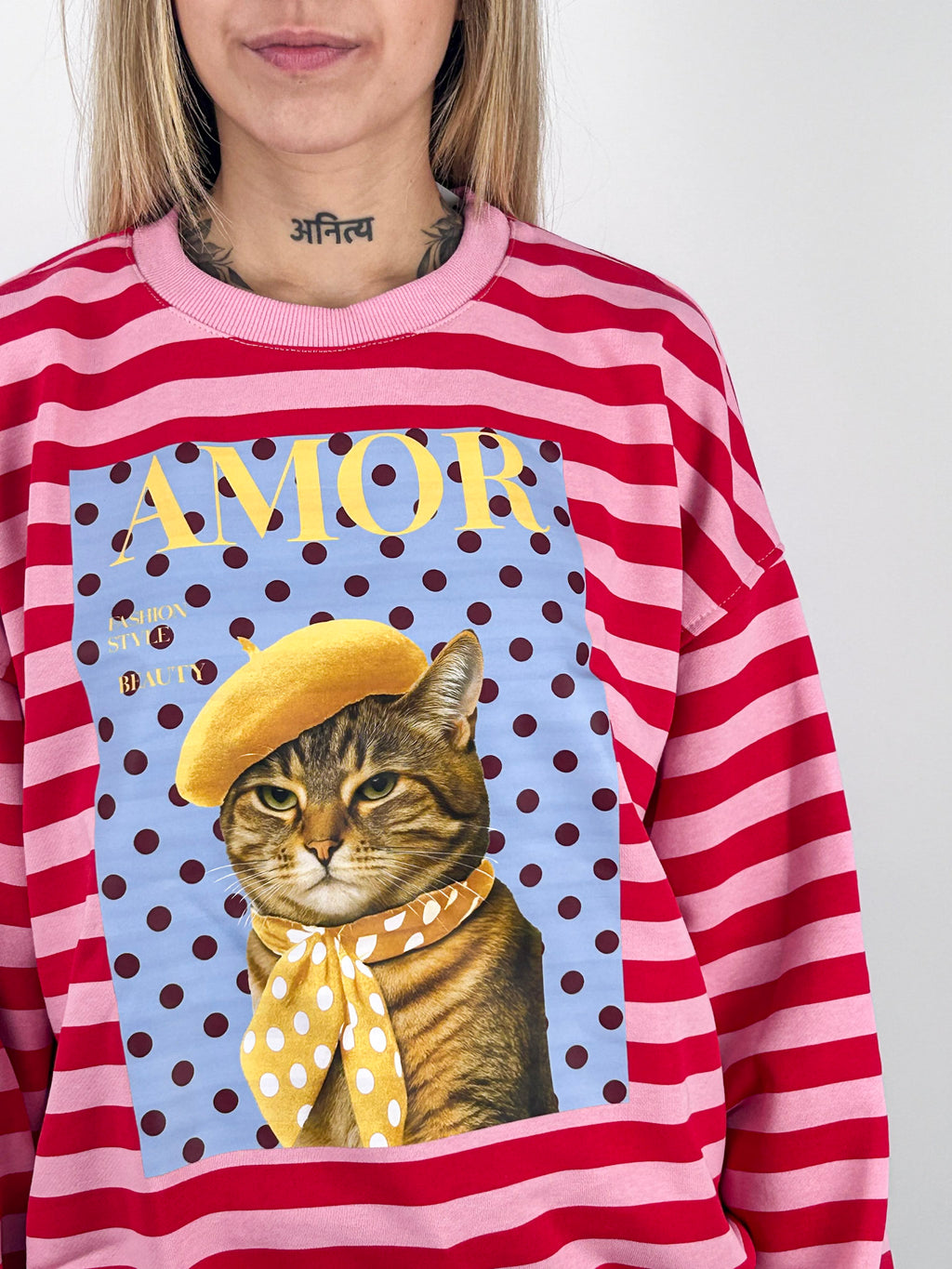 Felpa Amour donna a righe con stampa gatto Rosso - vista dettaglio