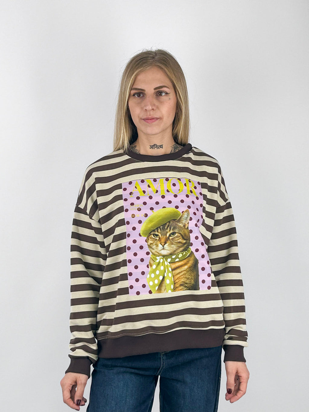 Felpa Amour donna a righe con stampa gatto Marrone - vista frontale