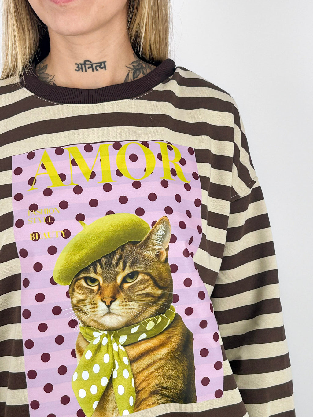 Felpa Amour donna a righe con stampa gatto Marrone - vista dettaglio