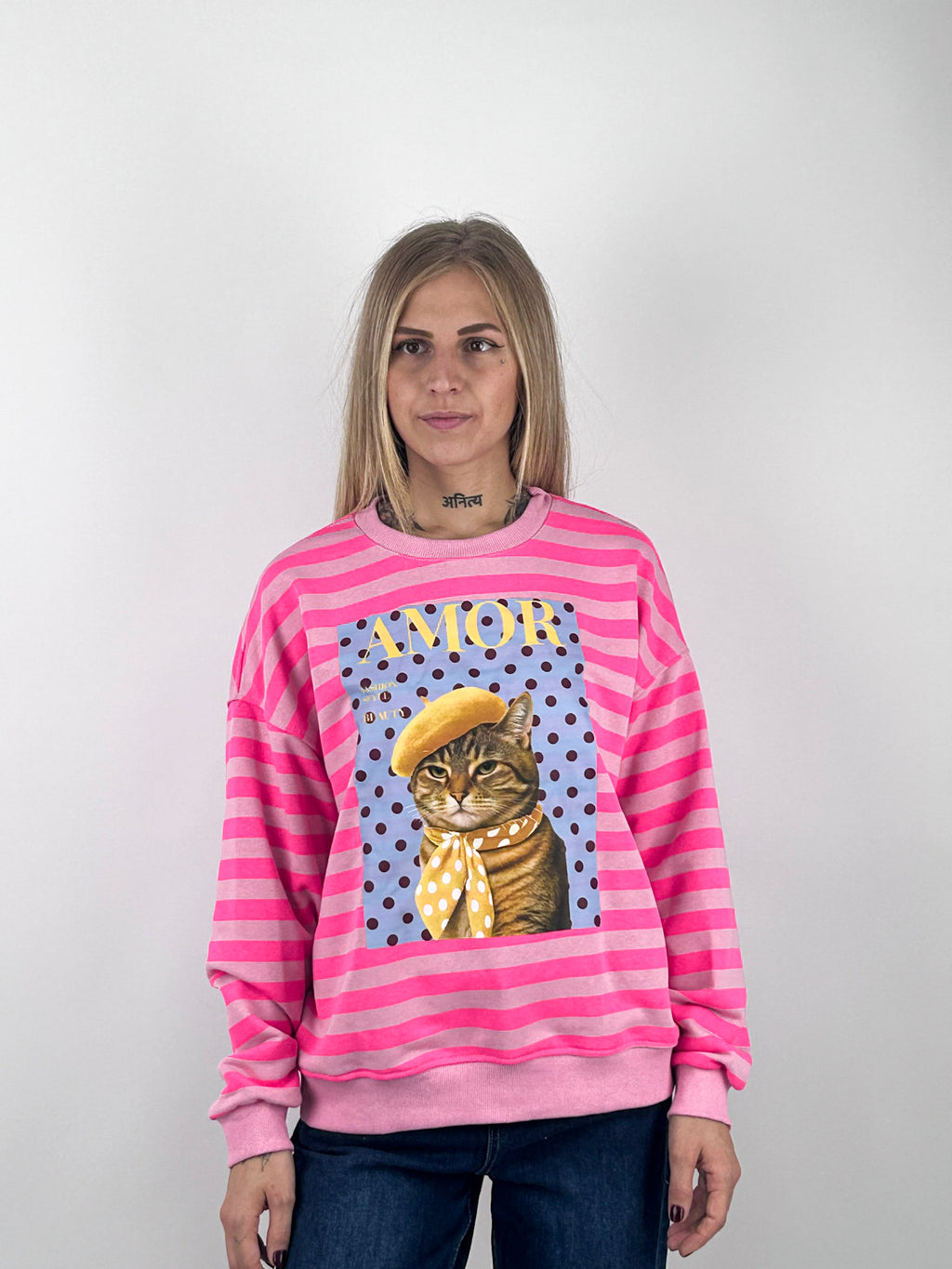 Felpa Amour donna a righe con stampa gatto Rosa - vista frontale