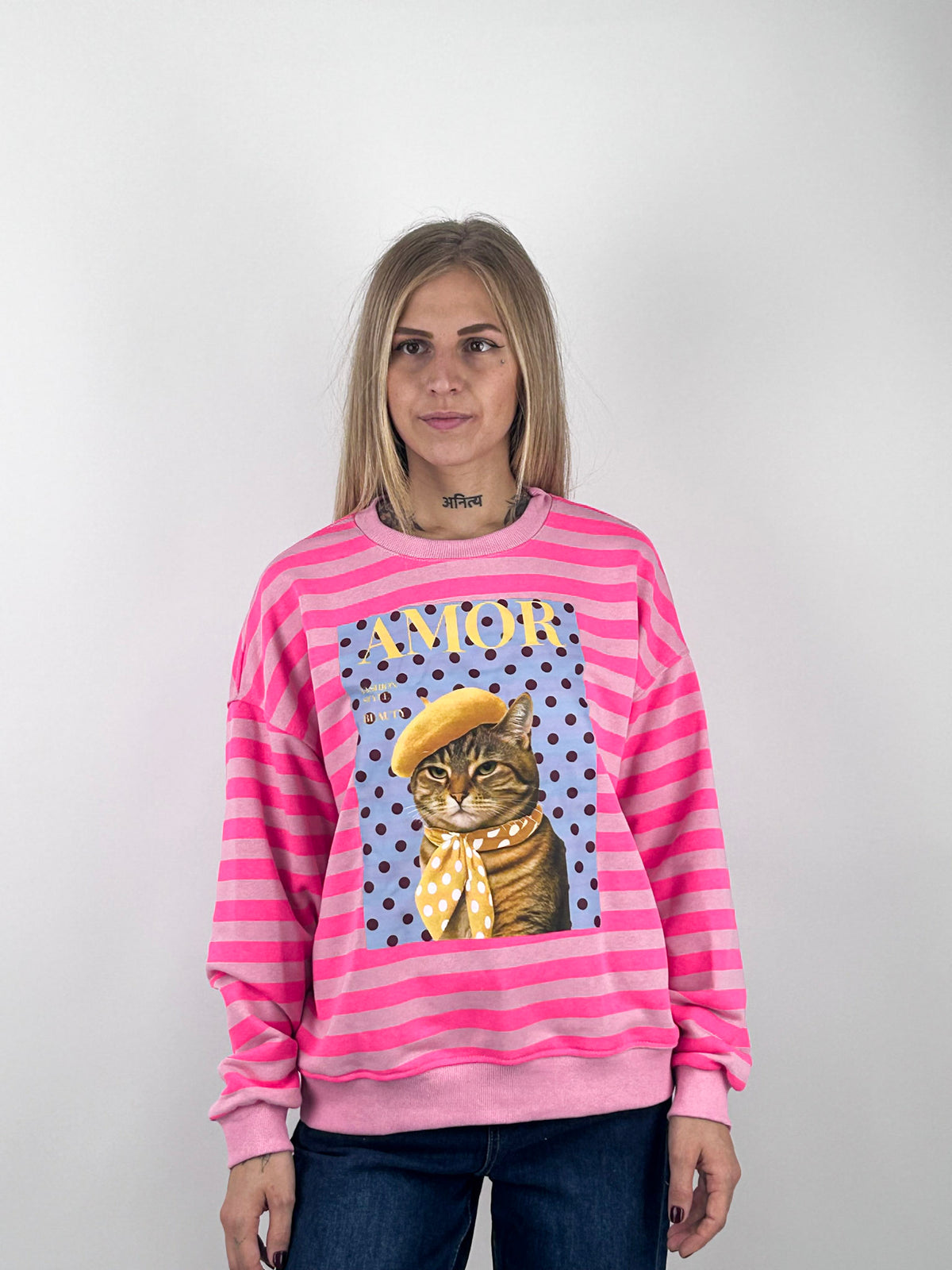 Felpa Amour donna a righe con stampa gatto Rosa - vista frontale