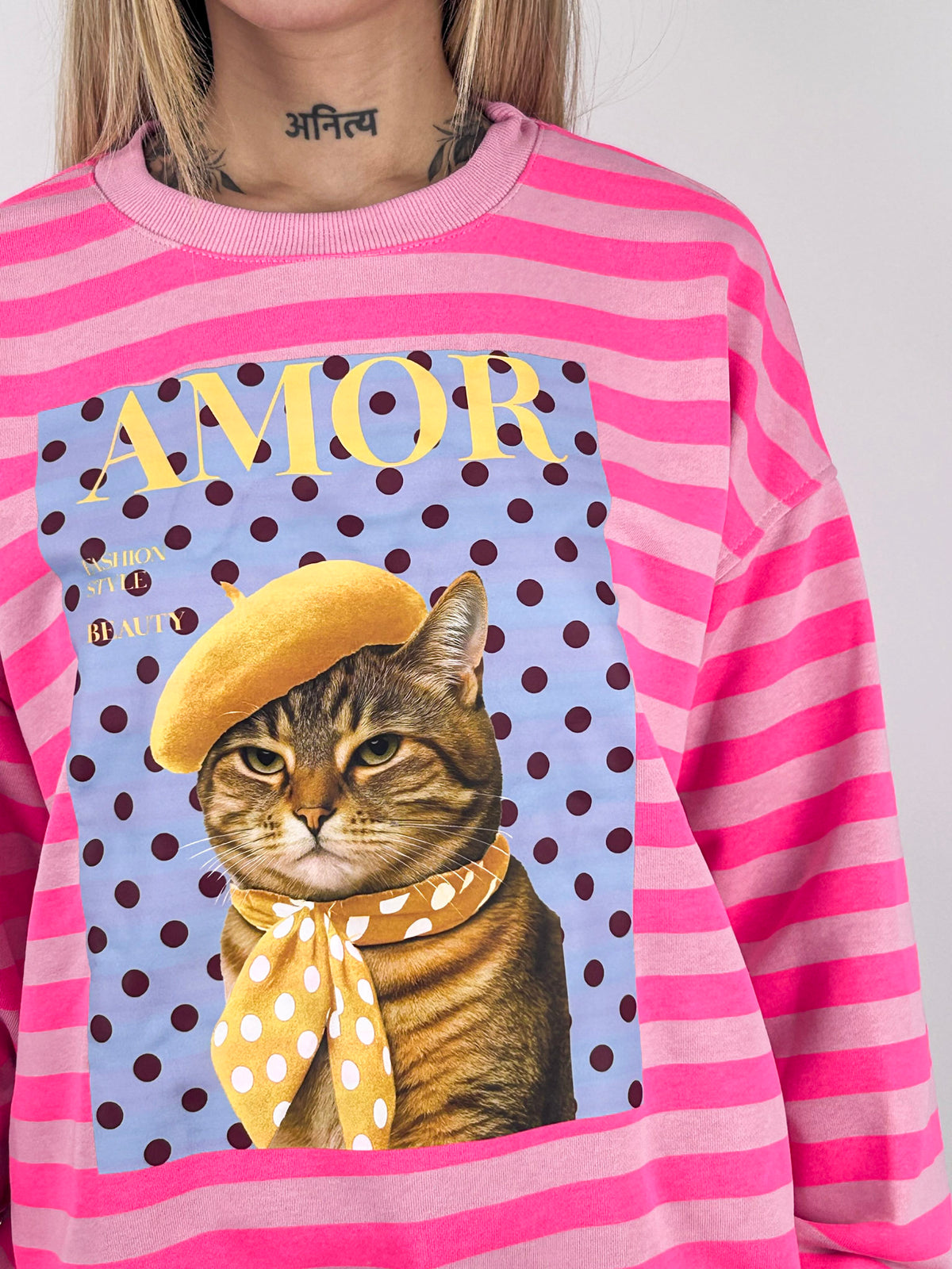 Felpa Amour donna a righe con stampa gatto Rosa - vista dettaglio