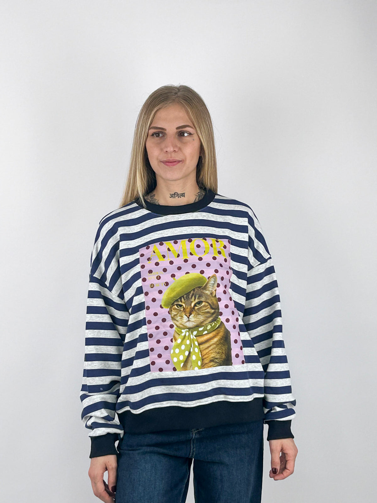 Felpa Amour donna a righe con stampa gatto Blu - vista frontale