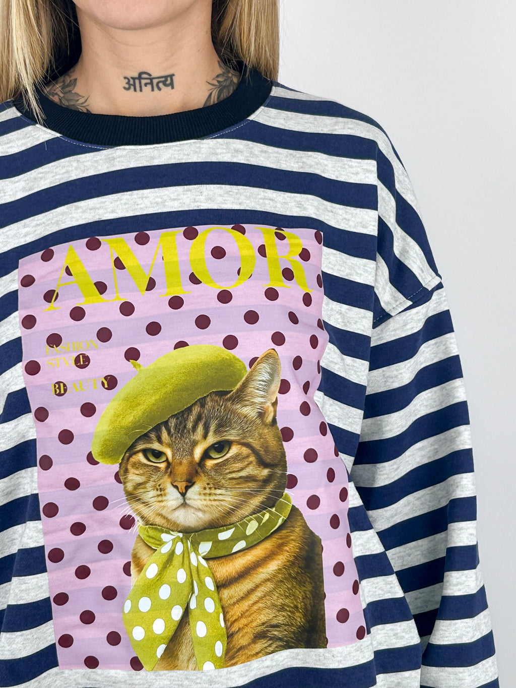 Felpa Amour donna a righe con stampa gatto Blu - vista dettaglio