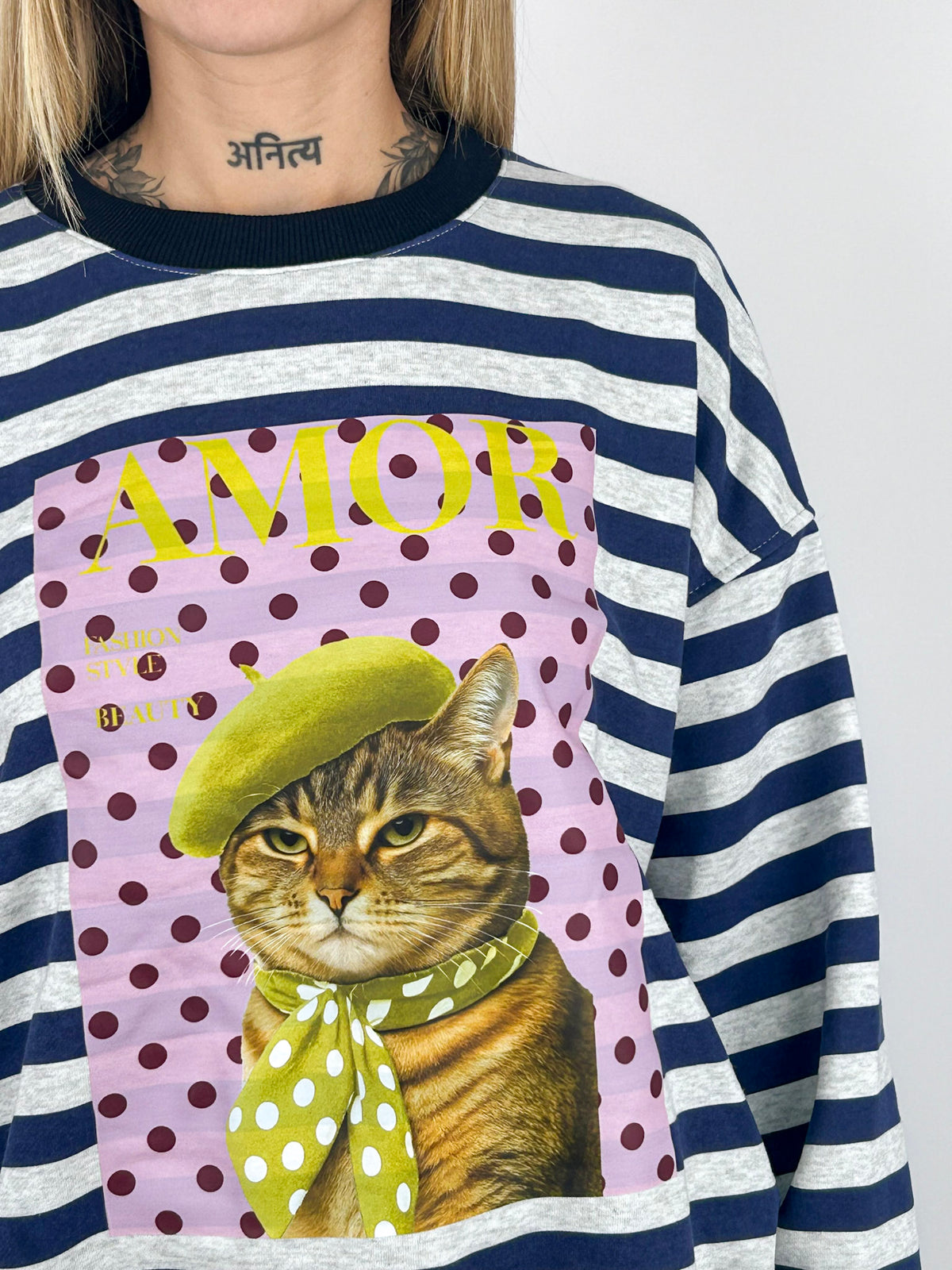 Felpa Amour donna a righe con stampa gatto Blu - vista dettaglio