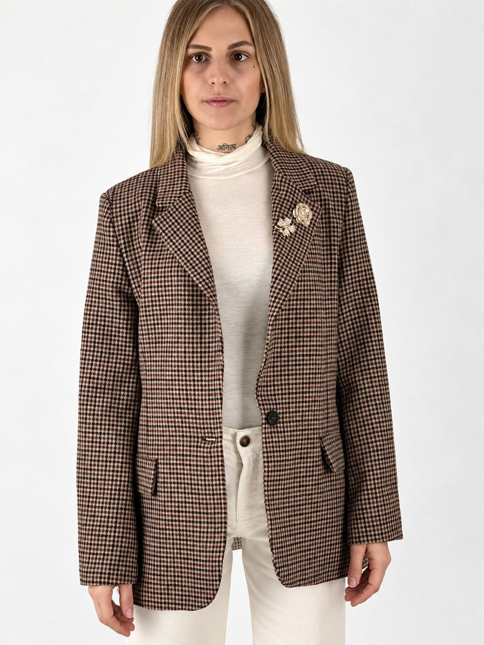 Giacca fantasia a quadri con fodera burgundy, vista frontale