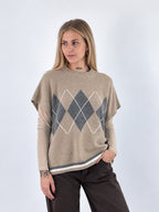 Gilet donna in maglia con fantasia a rombi e linea ampia tortora - vista frontale