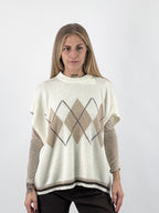 Gilet donna in maglia con fantasia a rombi e linea ampia panna - vista frontale