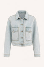 Giacca Como corta da donna in denim chiaro con bottoni frontali e tasche - immagine gost