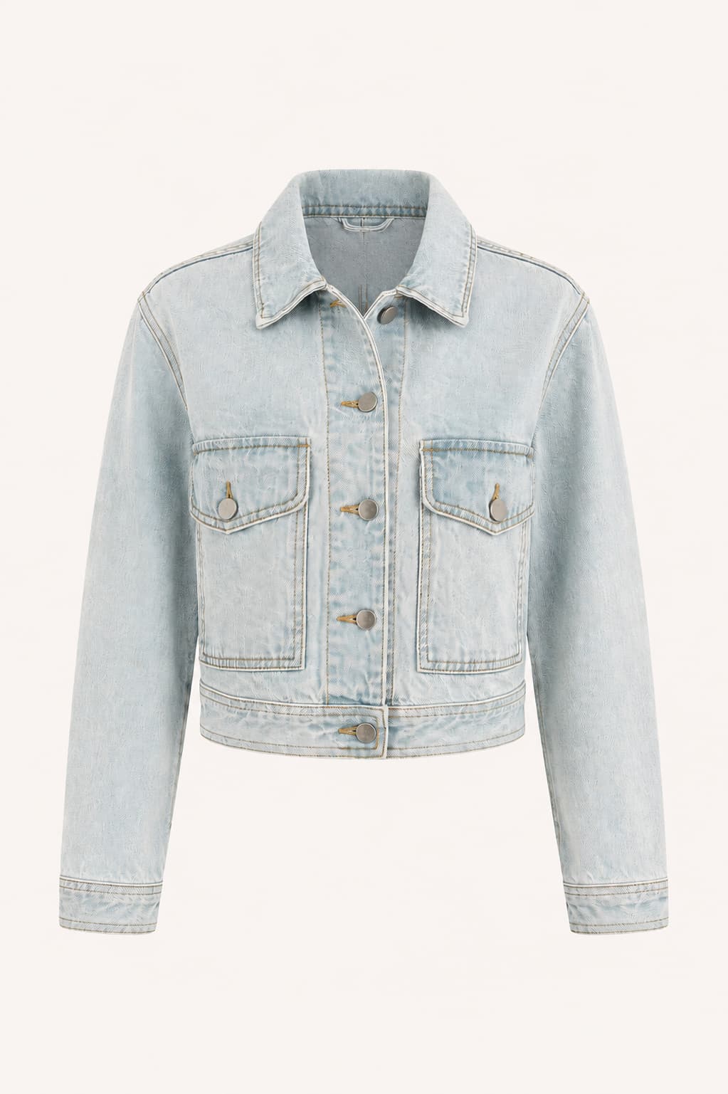 Giacca Como corta da donna in denim chiaro con bottoni frontali e tasche - immagine gost