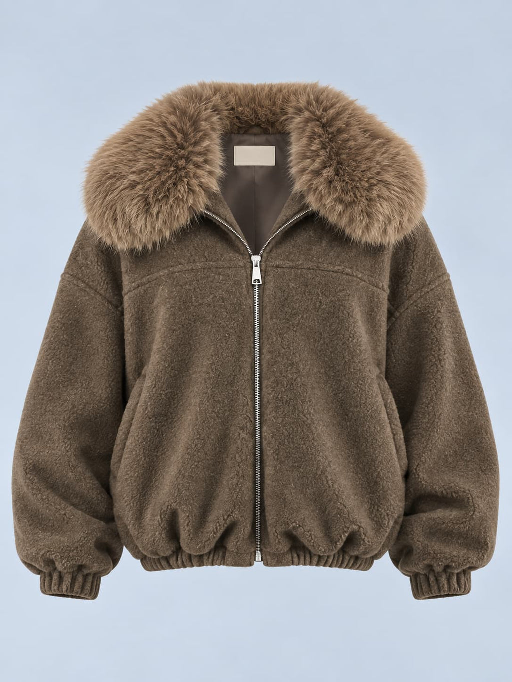 Bomber donna corto marrone con collo in pelliccia removibile - vista frontale gost