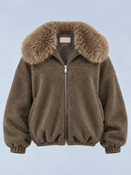 Bomber donna corto marrone con collo in pelliccia removibile - vista frontale gost
