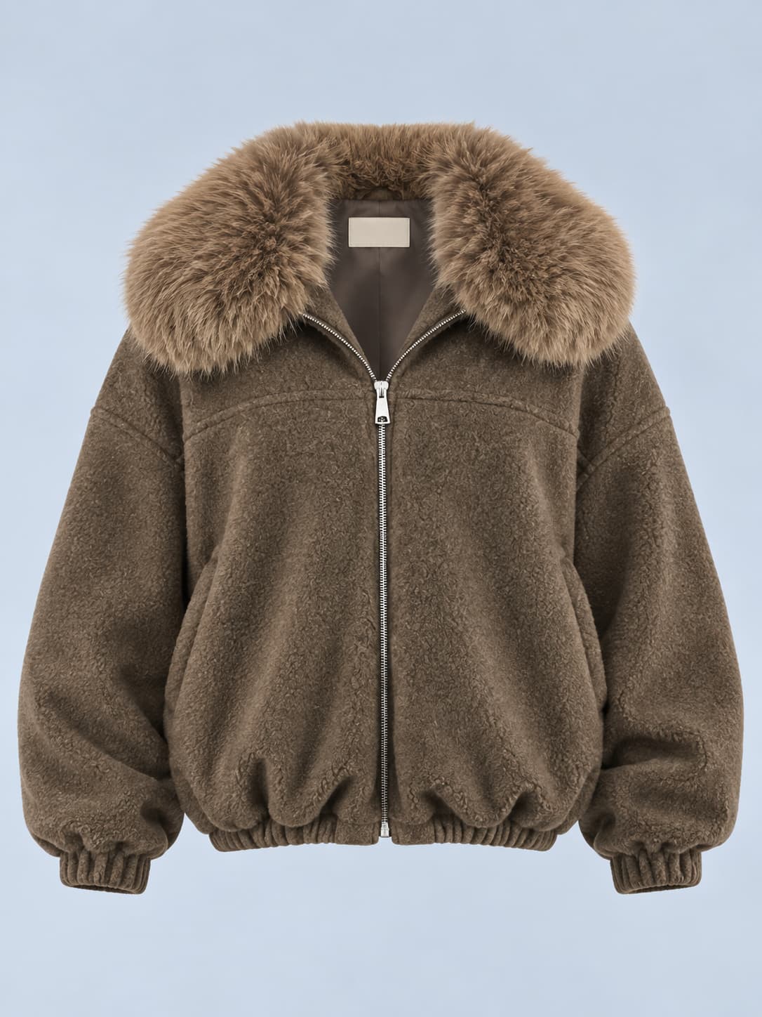 Bomber donna corto marrone con collo in pelliccia removibile - vista frontale gost