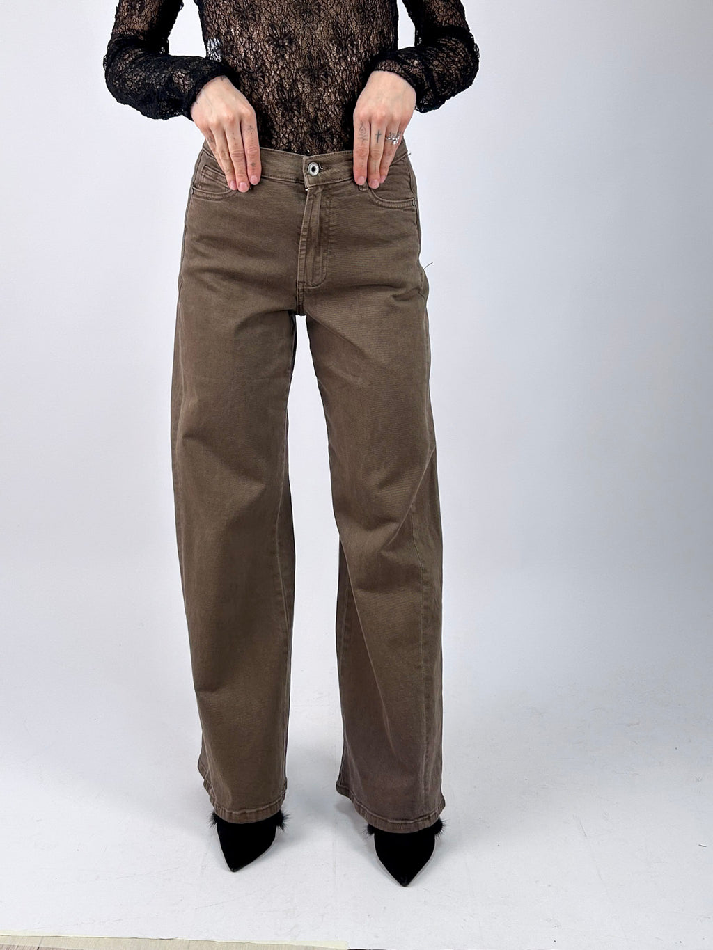 Jeans Wide tortora donna, vista frontale