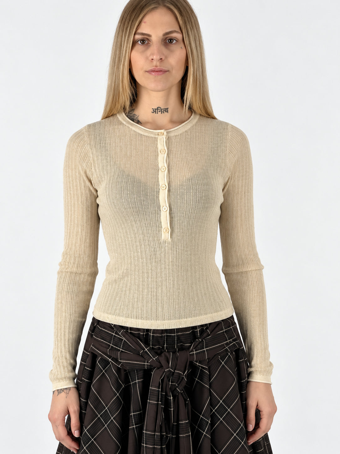 Maglia a coste beige con bottoni e foulard incluso, foto 1