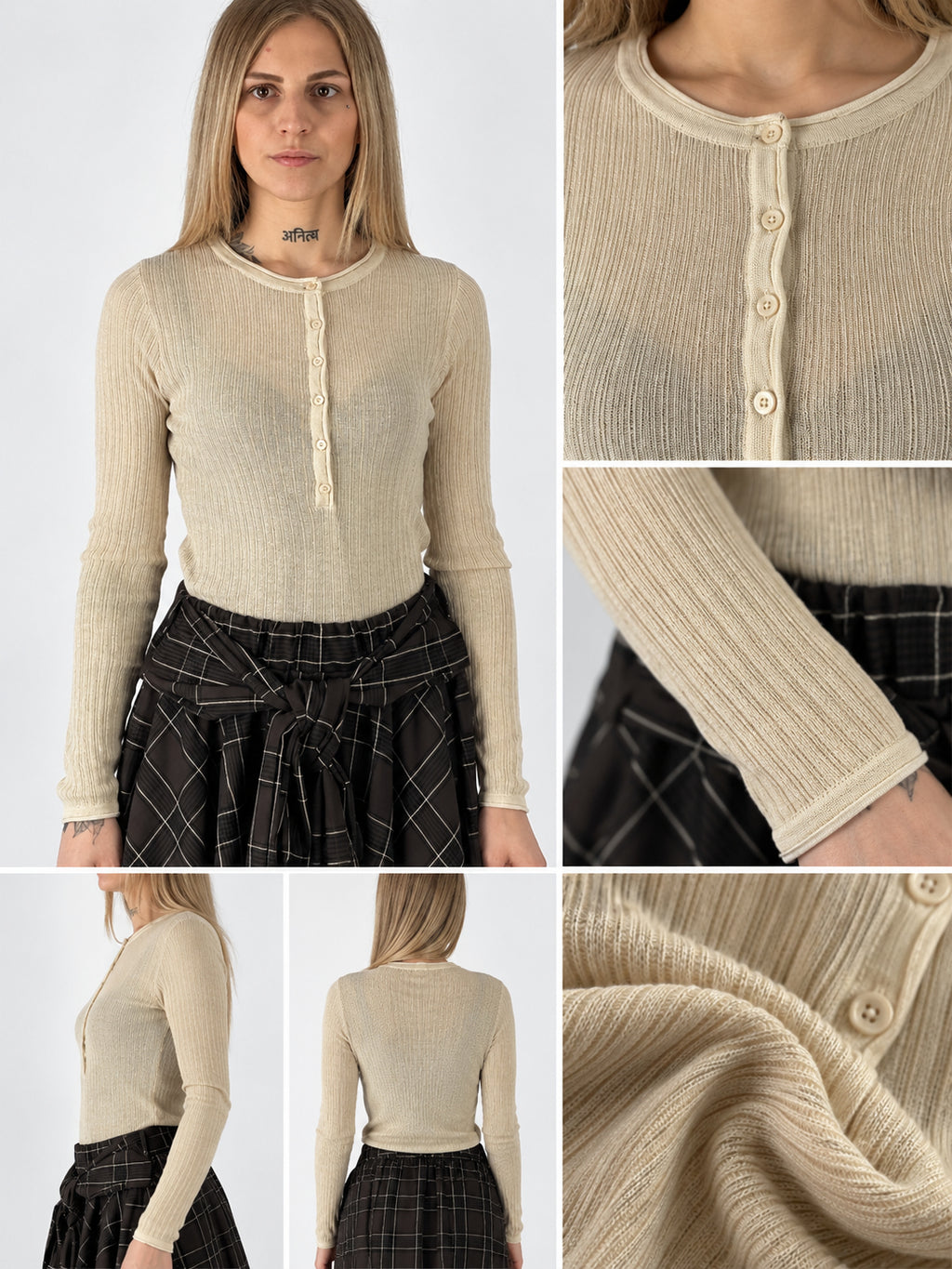 Maglia a coste beige con bottoni e foulard incluso, foto 2