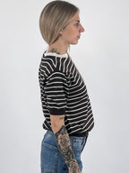 Maglia donna a righe con manica corta e bordi a contrasto marrone - vista laterale