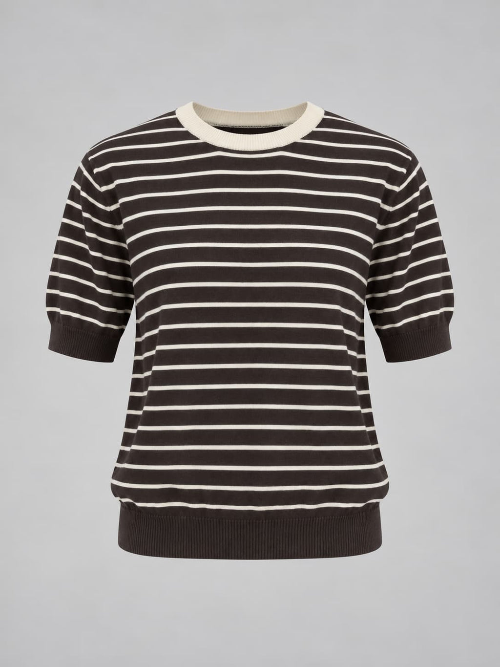 Maglia donna a righe con manica corta e bordi a contrasto marrone - vista gost