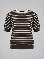 Maglia donna a righe con manica corta e bordi a contrasto marrone - vista gost