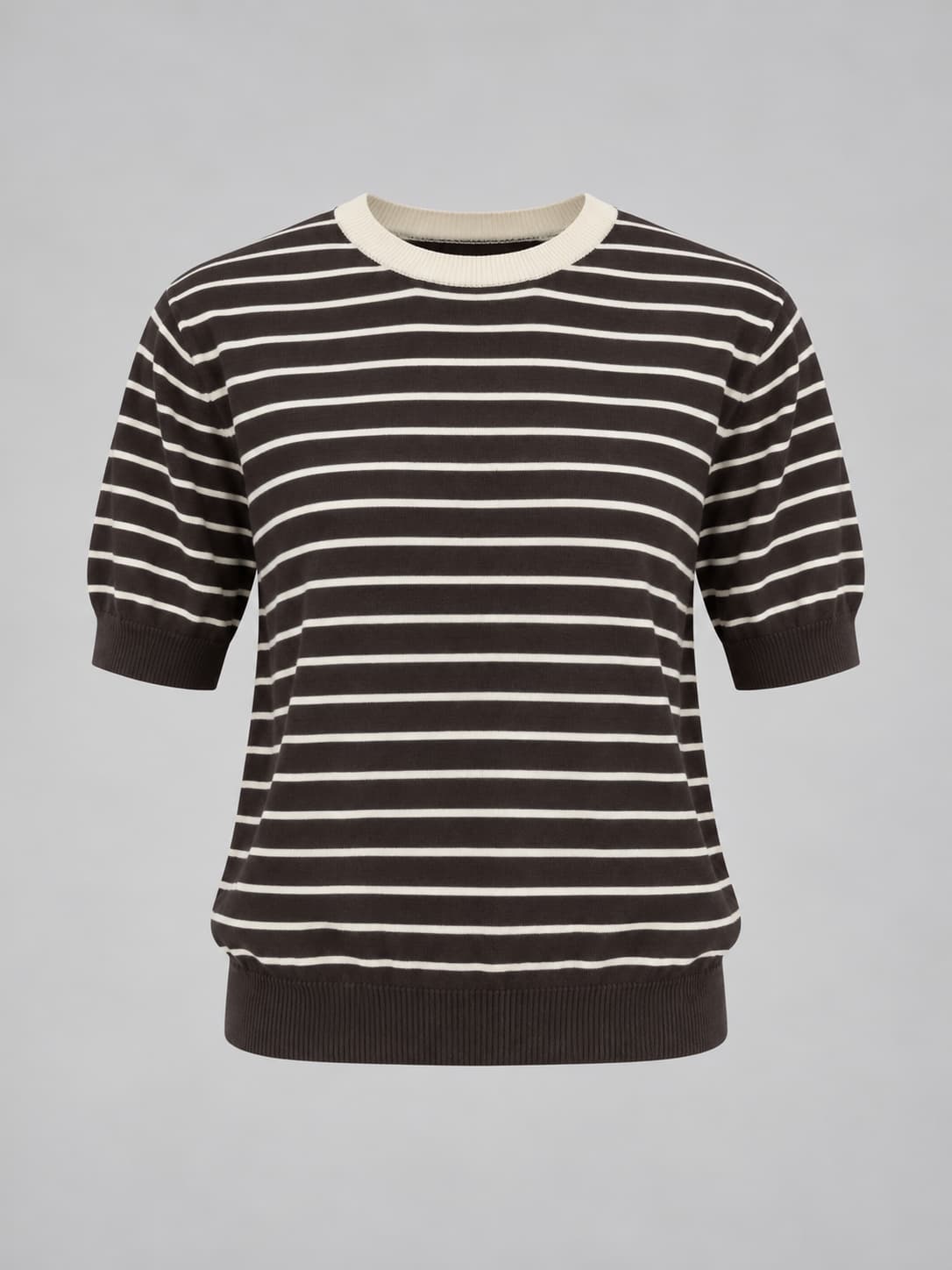 Maglia donna a righe con manica corta e bordi a contrasto marrone - vista gost