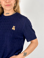 Maglia Teddy Blu  da donna con lavorazione intrecciata e dettaglio ricamato -vista dettaglio