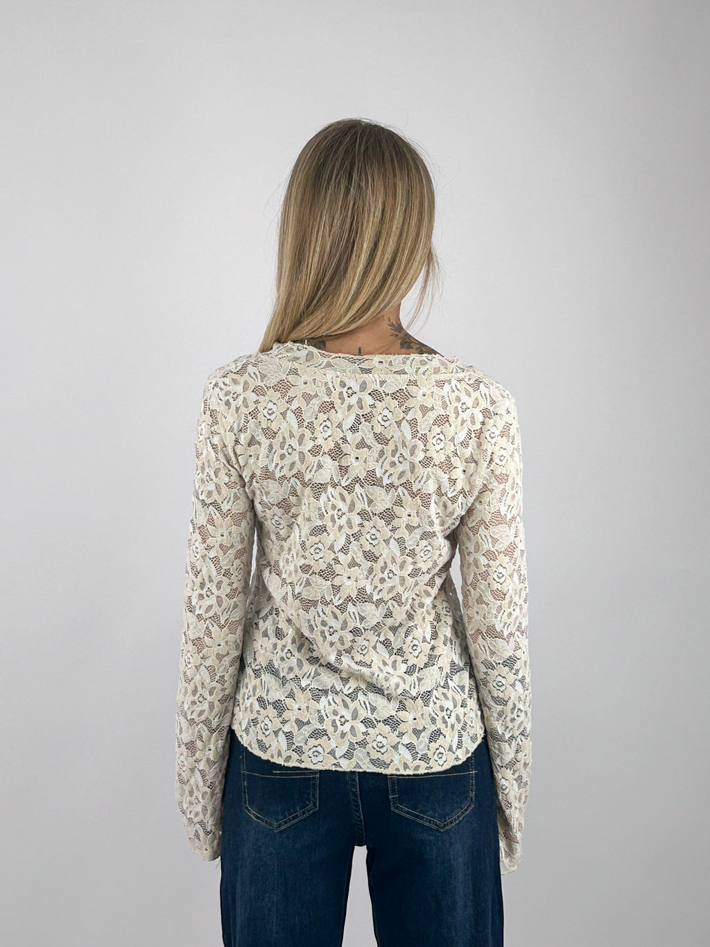 Maglia Pizzo donna con scollo a V e manica lunga panna- vista retro