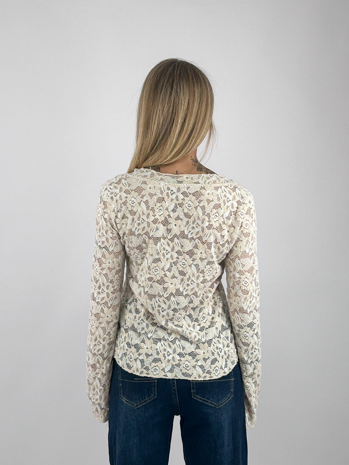 Maglia Pizzo donna con scollo a V e manica lunga panna- vista retro