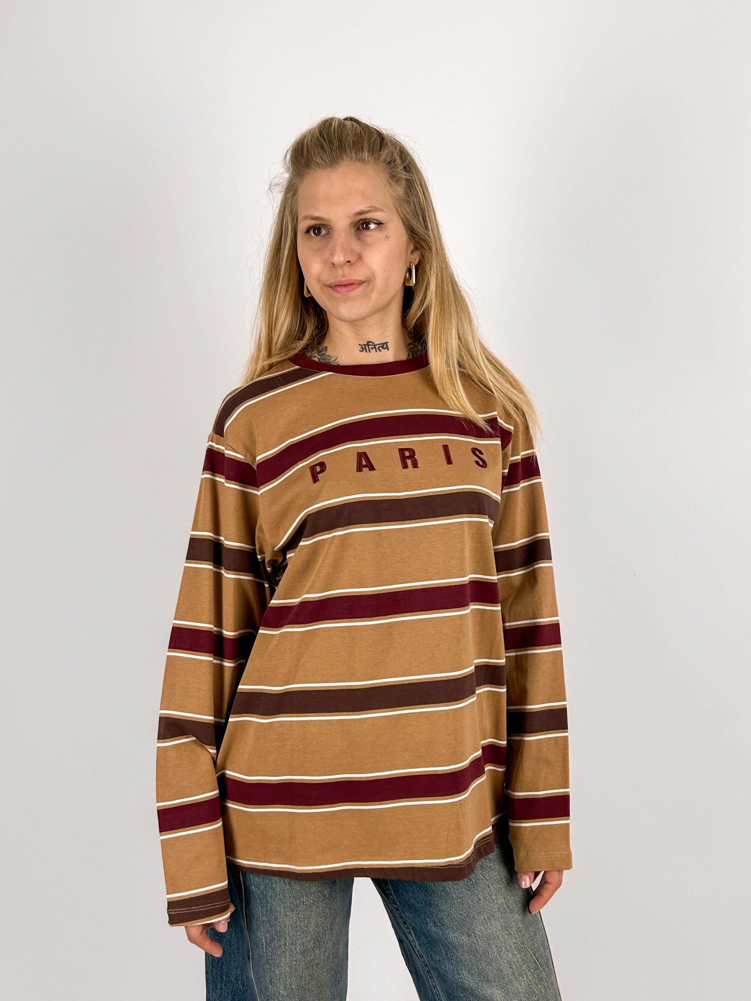 maglia cotone a righe Cioccolato manica lunga - vista frontale