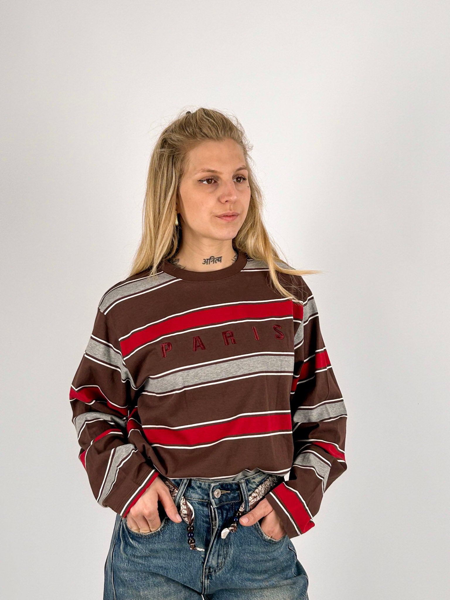 maglia cotone a righe Cioccolato manica lunga - portata dentro