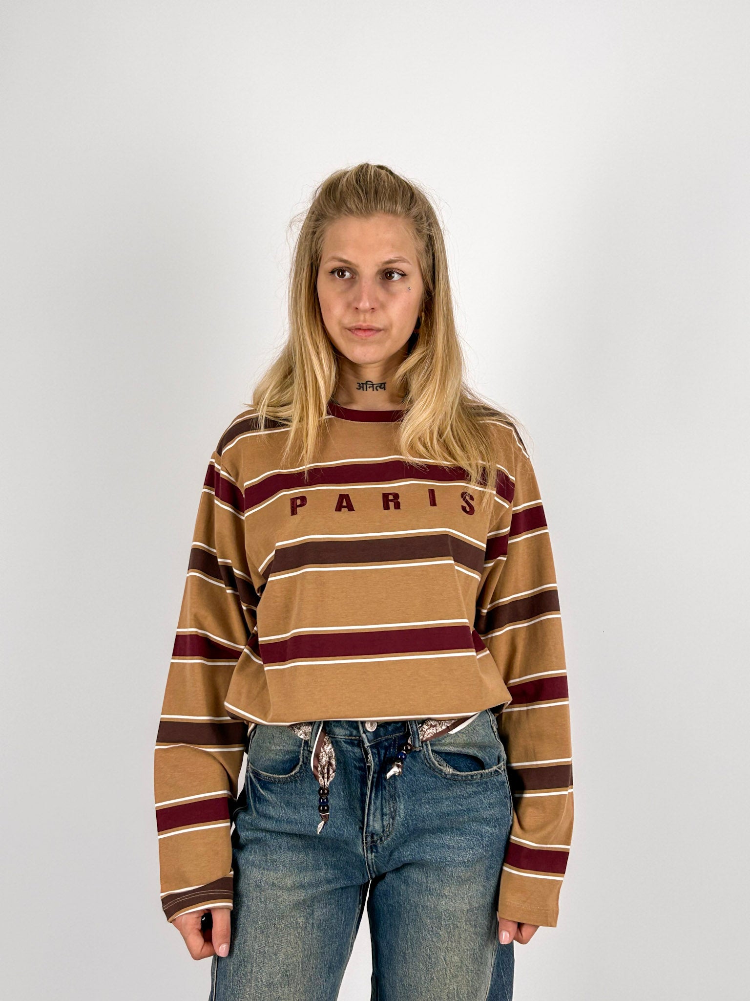 maglia cotone a righe Beige manica lunga - portata dentro