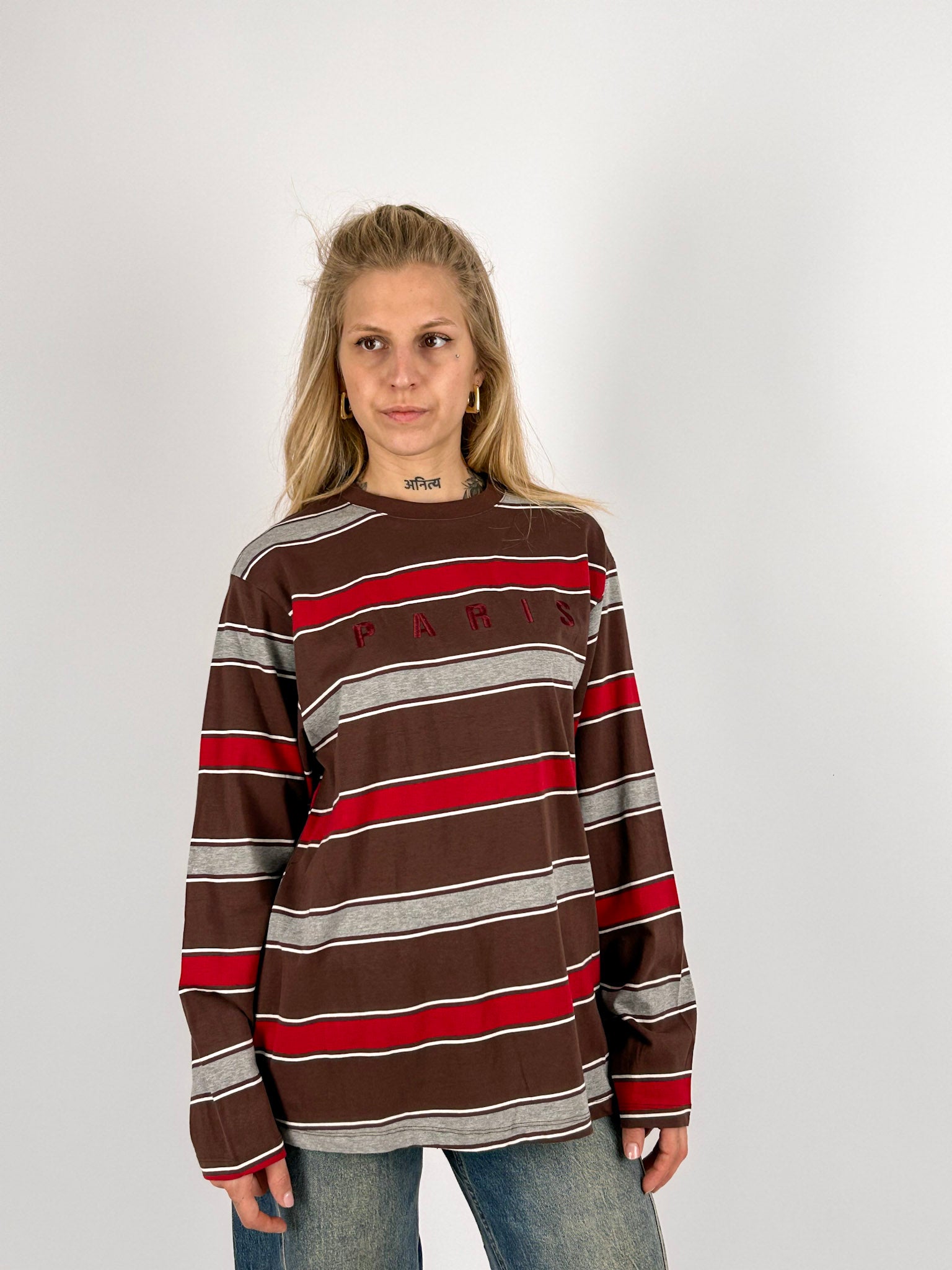 maglia cotone a righe Cioccolato manica lunga - vista frontale