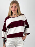 Maglia donna a righe bordeaux e panna - look completo
