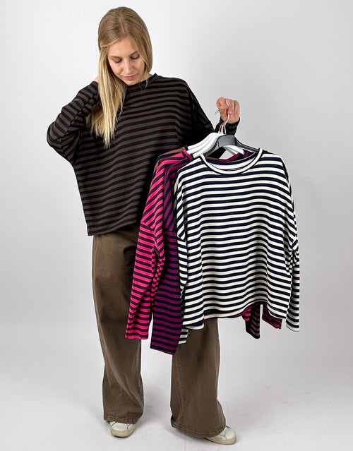 Maglia donna a righe girocollo marrone disponibile in più colori