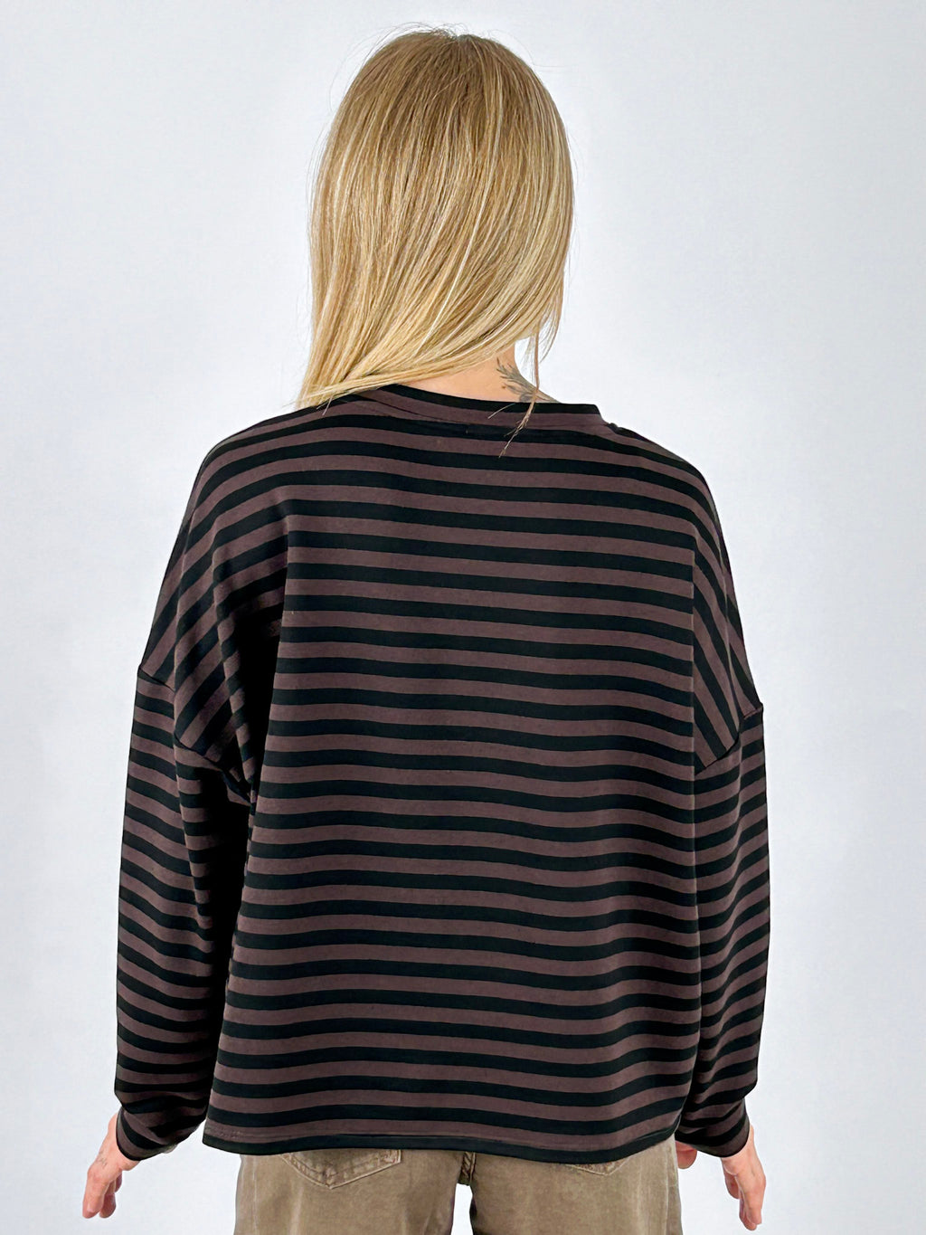 Maglia donna a righe marrone e nero - vista retro