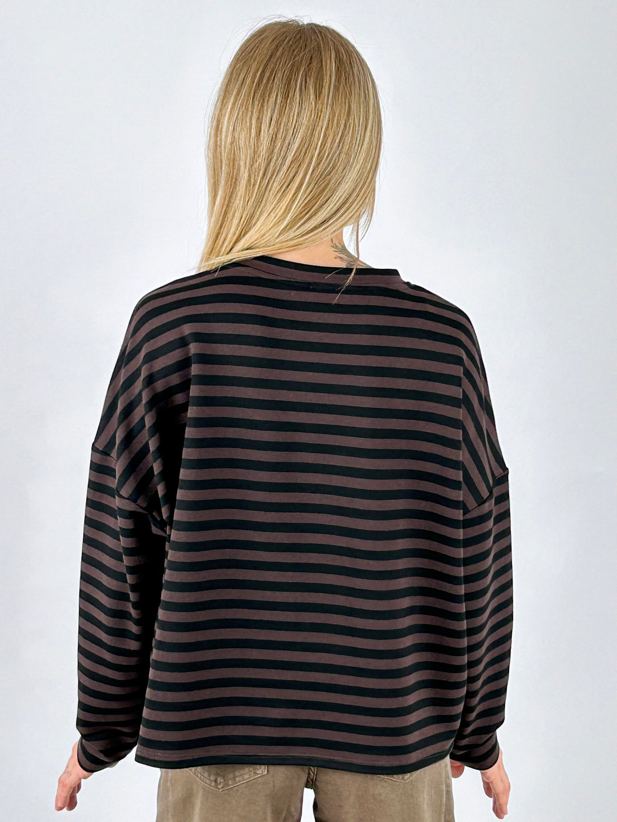 Maglia donna a righe marrone e nero - vista retro