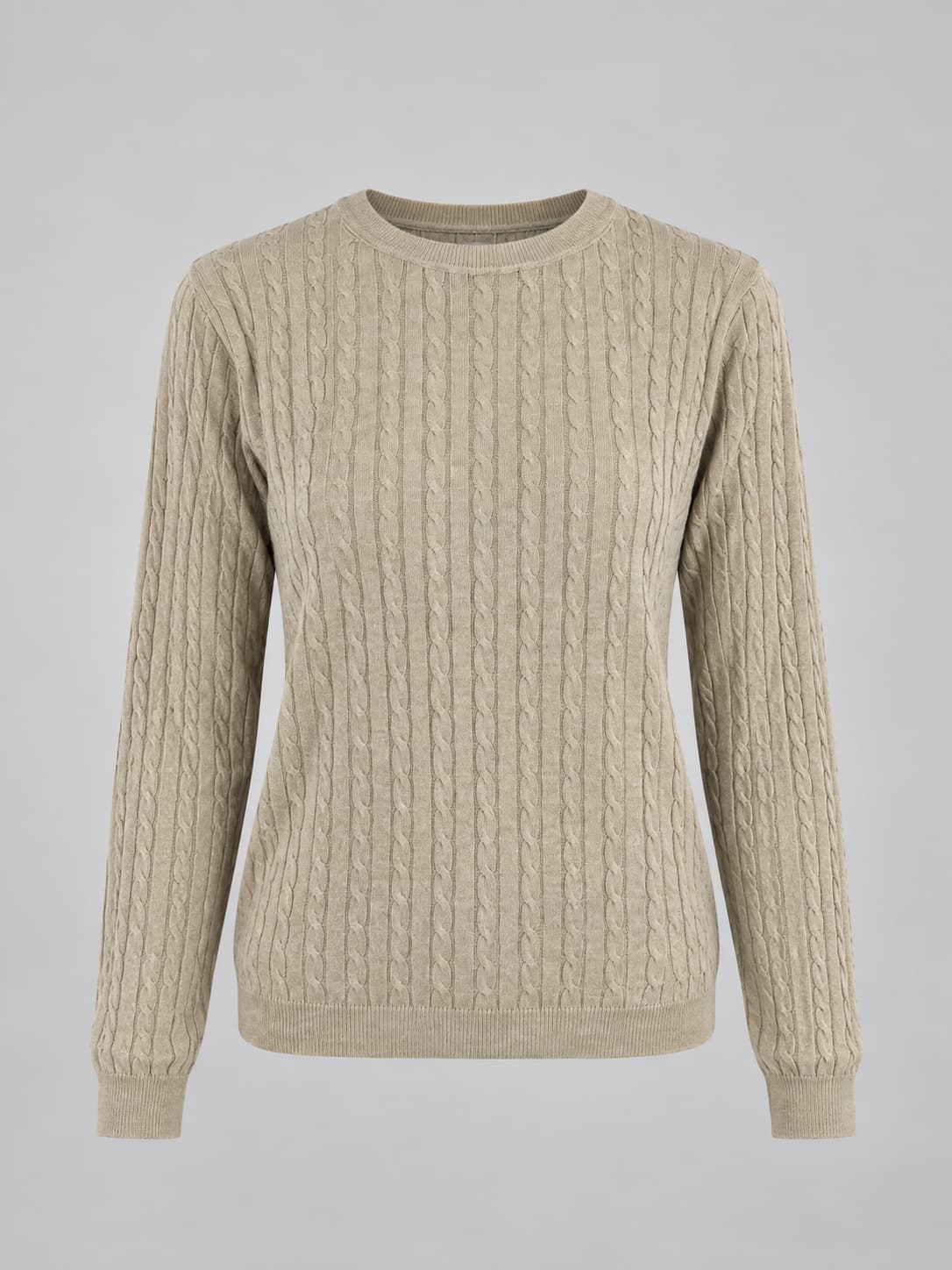 Maglia donna girocollo con lavorazione a trecce sottili beige - vista gost