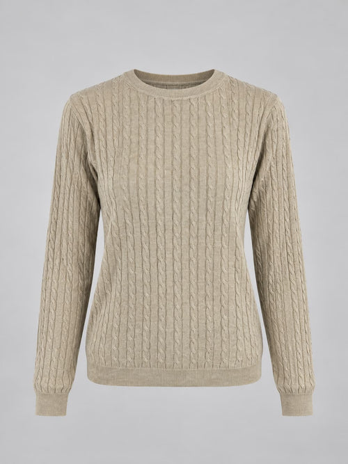 Maglia donna girocollo con lavorazione a trecce sottili beige - vista gost