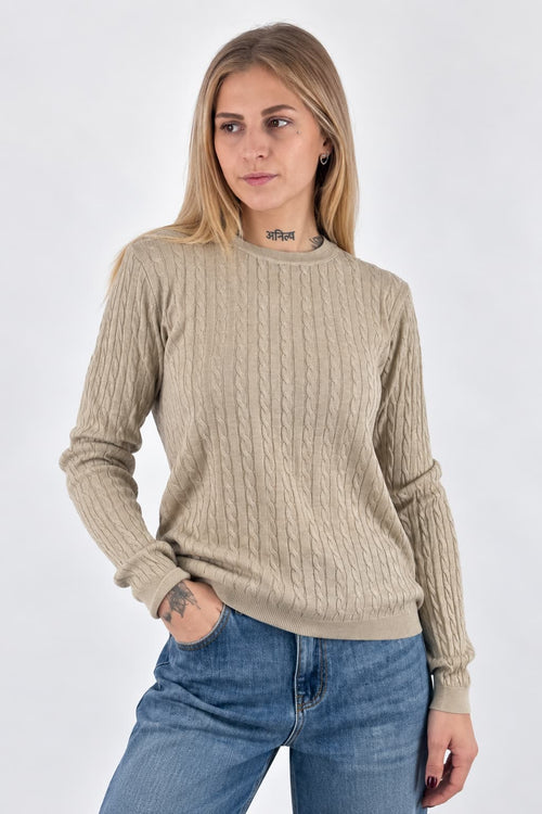 Maglia donna girocollo con lavorazione a trecce sottili beige - vista frontale