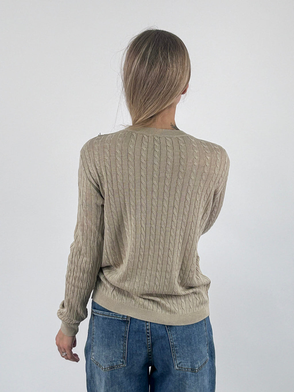 Maglia donna girocollo con lavorazione a trecce sottili beige - vista retro