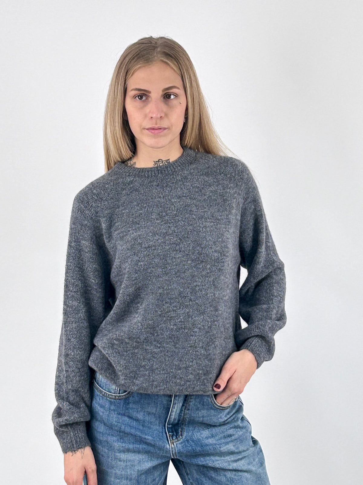 Maglia donna girocollo con alpaca e lana e manica raglan grigio - vista frontale