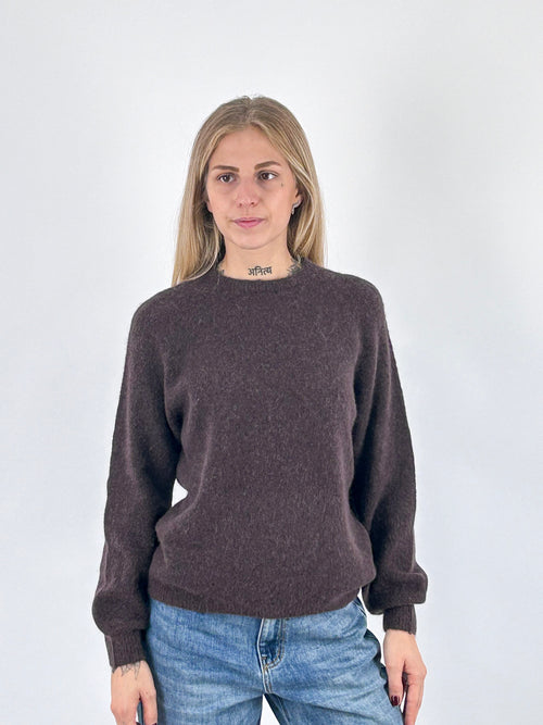 Maglia donna girocollo con alpaca e lana e manica raglan marrone - vista frontale